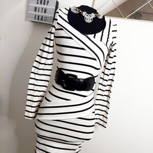 White stripe bodycon dress with attached belt